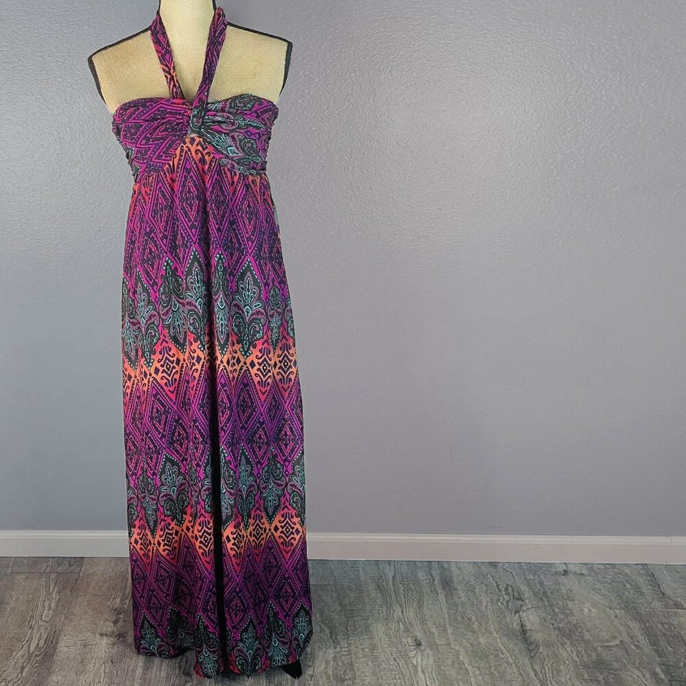 Xhilaration Colorful Halter Maxi Dress, Vibrant Pink, Orange, & Teal